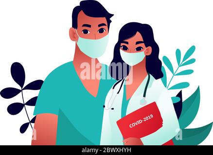 Junge schöne Frau Arzt. Covid-19 Prevention Empfehlung. Stock Vektor