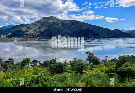 Havelock, Marlborough Sounds, South Island, Neuseeland, Ozeanien. Blick vom Cullen Point nach Havelock, Marlborough Sounds. Stockfoto