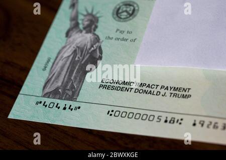 Ein arrangierte Foto eines Coronavirus-Stimulus-Check der US-Bundesregierung, auch als „Economic Impact Payment“ bekannt Stockfoto
