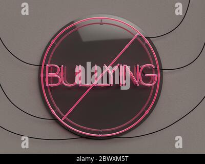 Stop Bullying Neon Sign in einem kreisförmigen Format mit glühenden roten Farbe Konzept - 3d Illustration Stockfoto