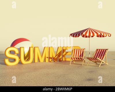 Beach Ball Strandliegen und Regenschirm mit Sand und Sommer als Text während der goldenen Stunde - 3d Illustration Stockfoto