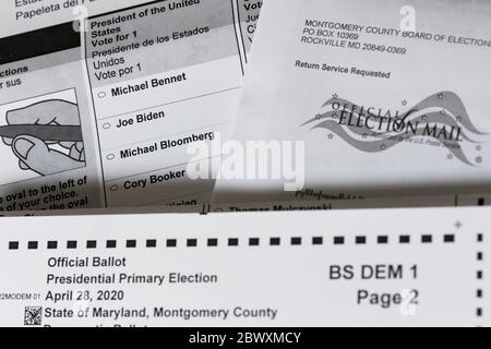 Ein arrangierte Foto eines Maryland Absentee Mail-in Stimmzettel für die 2020 Democratic Presidential Primary Election. Stockfoto