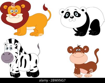 Illustration Set von niedlichen Tieren: löwe, Panda, Zebra und Affe Stock Vektor