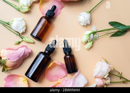 Erstellen von hausgemachten Kosmetika mit natürlichen Extrakten. Serum mit Rosenblättern. Hautpflege Konzept. Natürliche Bio hausgemachte Kosmetik Konzept. Stockfoto