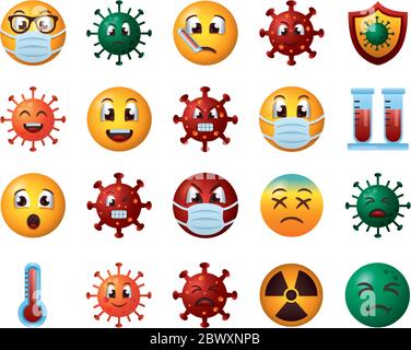 Corona Virus Emojis Vektor-Set. Grüne Covid-19 Coronavirus Smiley ...