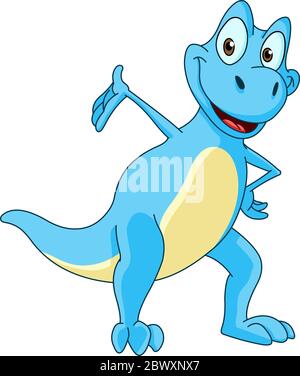Lächelnder blauer Dinosaurier präsentiert sich mit seiner Hand Stock Vektor