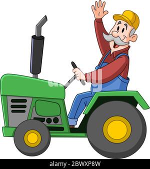 Lächelnder Bauer, der einen Traktor fährt und winkt Stock Vektor