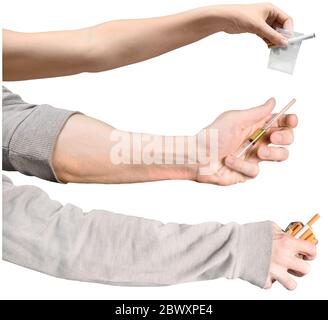 Set von weiblichen und männlichen Händen mit Drogen und Zigaretten. Drei Hände mit Objekten der schlechten Lebensweise. Isoliert auf weiß Stockfoto