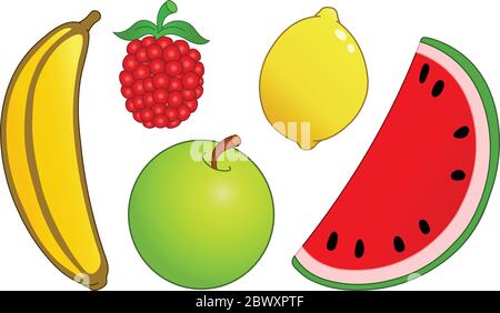 Obst-Set: Banane, Himbeere, Zitrone, Wassermelonenscheibe und Apfel Stock Vektor