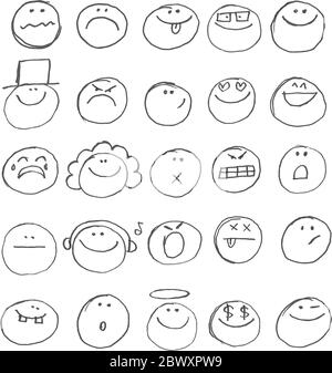 Emoticon Doodles Set. Vektor von Hand gezeichnet Stock Vektor