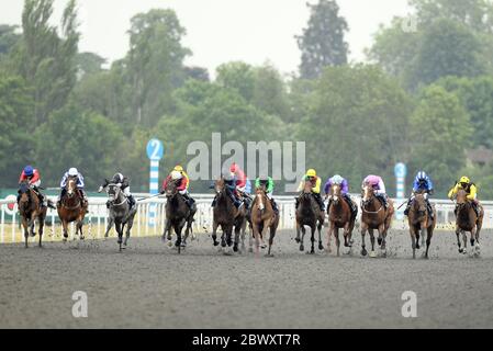 Nazeef (blau und weiß, zweite rechts) gewinnt die Einsätze der EBF/Unibet Snowdrop-Stutfohlen auf der Rennbahn Kempton. Stockfoto