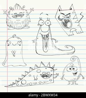 Vektor Monster kritzelt auf einem Notizbuch Papier. Nummer 1 einstellen Stock Vektor