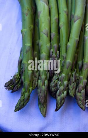 Grüner Spargel auf weißem und blauem Küchentuch in Nahaufnahme Stockfoto
