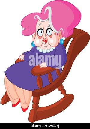 Alte Dame sitzt auf einem Schaukelstuhl Stock Vektor