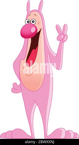 Lustiger Mann verkleidet als ein rosa Kaninchen gestikuliert das Friedenszeichen Stock Vektor