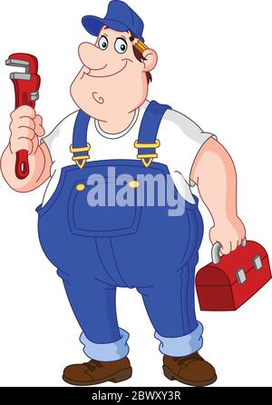 Glücklich Reparaturmann hält großen Schraubenschlüssel und Werkzeugkasten Stock Vektor