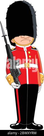 Charakterdesign einer Queen's Guard in traditioneller Uniform, britischer Soldat isoliert auf Weiß. Stock Vektor