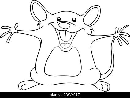 Skizziert glücklich Maus hebt seine Arme. Vektor Linie Kunst Illustration Malseite. Stock Vektor