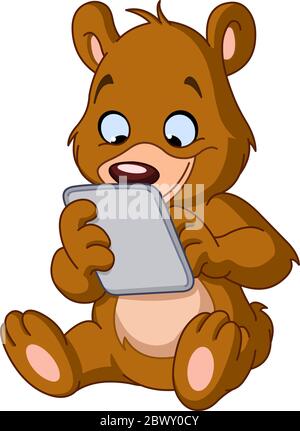 Sitzender Teddybär mit einem Tablet-pc Stock Vektor