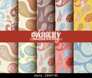 Paisley Muster Set, nahtlose bunte florale Ornament, Vektor-Design. Abstrakte Vintage Paisley Muster Dekoration, floralen Stoff Hintergrund Stock Vektor