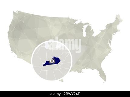 Polygonale abstrakte USA-Karte mit vergrößertem Kentucky-Staat. Karte und Flagge des Bundesstaates Kentucky. VEKTORKARTE USA und Kentucky. Vektorgrafik. Stock Vektor