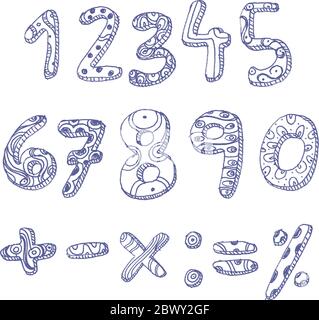 Handgezeichnete Doddle Zahlen und mathematische Zeichen Stock Vektor