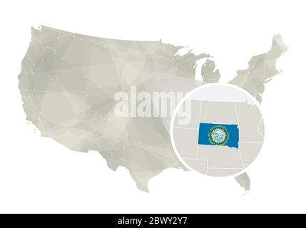 Polygonale abstrakte USA-Karte mit vergrößertem Süddakota-Staat. Karte und Flagge von South Dakota. VEKTORKARTE USA und South Dakota. Vektorgrafik. Stock Vektor