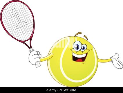 Cartoon Tennisball hält seinen Schläger Stock Vektor