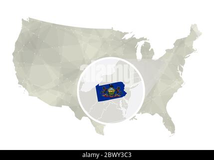 Polygonale abstrakte USA-Karte mit vergrößertem Pennsylvania-Staat. Pennsylvania State Karte und Flagge. VEKTORKARTE USA und Pennsylvania. Vektorgrafik. Stock Vektor