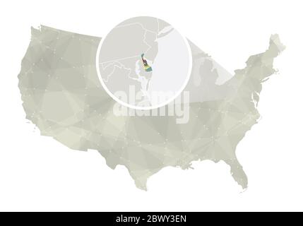 Polygonale abstrakte USA-Karte mit vergrößertem Delaware-Zustand. Karte und Flagge des Bundesstaates Delaware. VEKTORKARTE FÜR USA und Delaware. Vektorgrafik. Stock Vektor