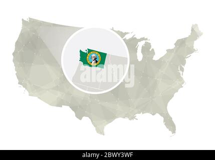 Polygonale abstrakte USA-Karte mit vergrößertem Washington-Staat. Washington State Karte und Flagge. VEKTORKARTE USA und Washington. Vektorgrafik. Stock Vektor