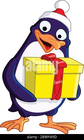 Niedlicher Weihnachts-Pinguin mit einem Geschenk Stock Vektor