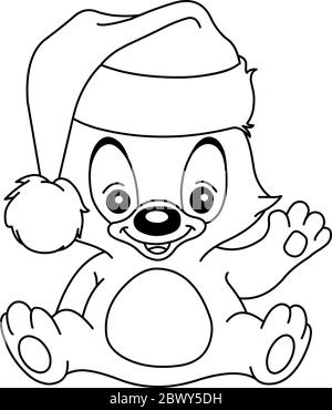 Skizzierte Weihnachten Teddybär winken und trägt einen Weihnachtsmann Hut. Vektor Linie Kunst Illustration Malseite. Stock Vektor