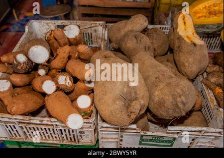 Maniok und andere tuberöse Wurzeln zum Verkauf auf einem Markt in El Valle de Anton in der Nähe von Panama City, Panama. Stockfoto