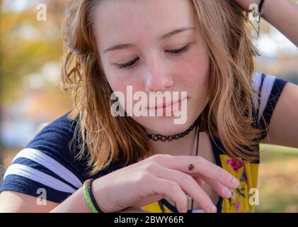 Nettes Teenagermädchen mit schmutzigem blondem Haar im Park auf einer Bank, das auf einen Lady Bug schaut, der auf ihrer Hand in Lancaster County, Pennsylvania, kriecht Stockfoto