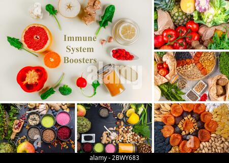 Collage von immune Steigerung der Gesundheit Lebensmittel Auswahl, reich an Vitamin, Antioxidantien Stockfoto