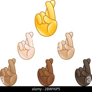 Hand mit Zeigefinger und Mittelfinger gekreuzt Emoji-Set von verschiedenen Hauttönen Stock Vektor