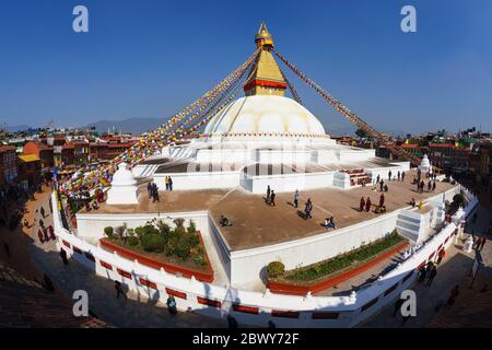 Erhöhte Ansicht von Boudhanath Stupa in Kathmandu, Nepal Stockfoto