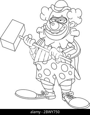 Skizziert böse gruselige Clown mit einem Hammer. Vektor Linie Kunst Illustration Malseite. Stock Vektor