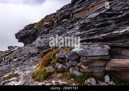 Zerklüftete felsige Bergseite Nahaufnahme Textur mit Moos und Wolken im Hintergrund Stockfoto