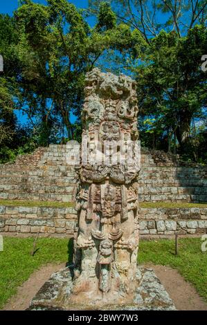 Stelae D auf dem Great Plaza an der archäologischen Stätte der Maya (UNESCO-Weltkulturerbe) in Copan, Honduras. Stockfoto