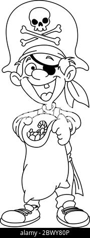 Skizziert glückliches Kind in einem Piraten Kostüm hält Trick oder behandeln Tasche voller Süßigkeiten. Vektor Linie Kunst Illustration Malseite. Stock Vektor