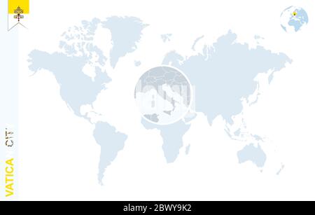 Weltkarte mit Vergrößerungsglas auf Vatikanstadt. Blauer Erdglobus mit Flagge der Vatikanstadt. Zoom auf Vatikan Stadtplan. Vektorgrafik Stock Vektor