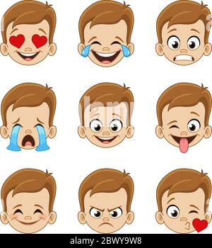 Emoji Gesicht Ausdrücke Sammlung von einem kleinen Jungen Stock Vektor