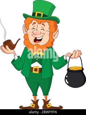 Leprechaun mit Rauchpfeife und Goldmünztopf Stock Vektor