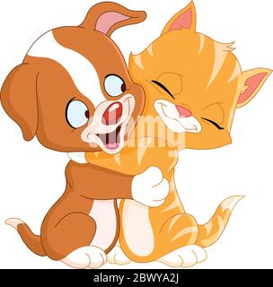 Niedlichen Welpen und Kätzchen umarmen einander Stock Vektor