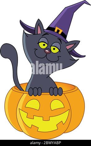 Halloween Katze sitzt in einem Kürbis Stock Vektor