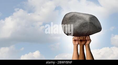 Die Macht des Protestkonzepts und die mächtige Metapher der Menschenrechte als verschiedene protestierende Fäuste, die einen riesigen Felsen hochheben. Stockfoto