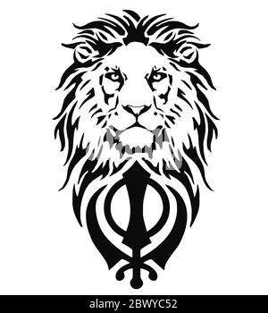 Der Löwe und das bedeutendste Symbol des Sikhismus - Zeichen von Khanda, Zeichnung für Tätowierung, auf weißem Hintergrund, Vektor Stock Vektor