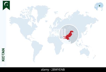 Weltkarte mit Vergrößerungsglas auf Pakistan. Blaue Erde Globus mit Pakistan Flaggenstift. Zoom auf Pakistan Karte. Vektorgrafik Stock Vektor